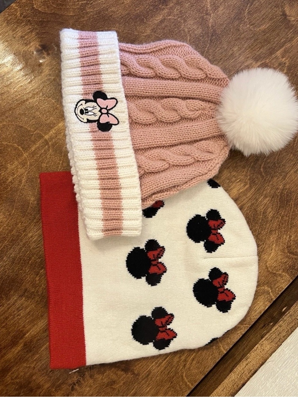 2 Disney Minnie Mouse Knit Stretchy Girls Caps White/Pink Pom & Red, White Black